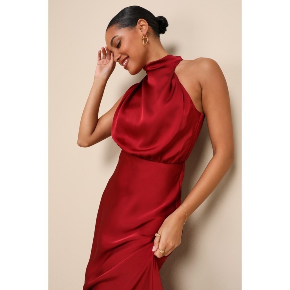 Lulus Distinctive Charm Burgundy Satin Asymmetrical Midi Dress Red - Size M